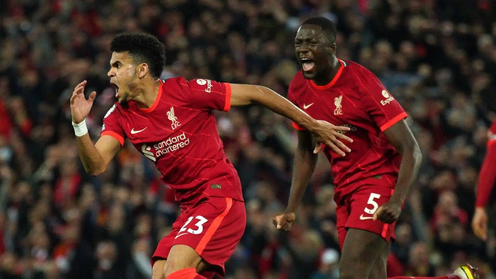 luis diaz and ibrahima konate celebrate liverpool equaliser against tottenham at anfield