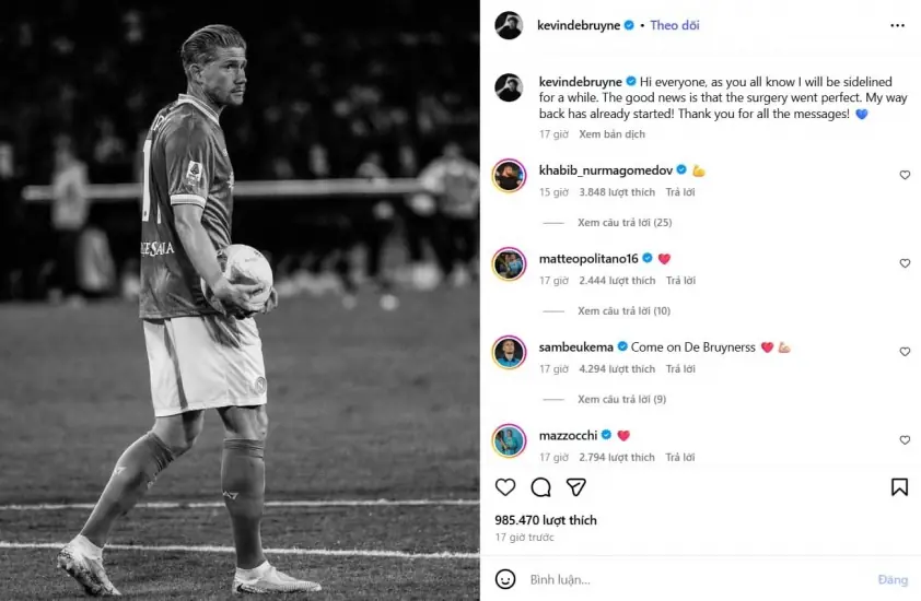 Kevin De Bruyne chia sẻ cảm xúc sau ca phẫu thuật thành công