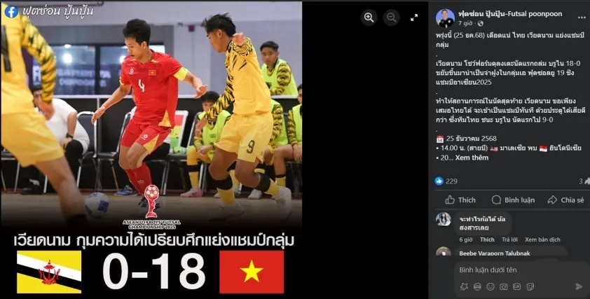 Truyền thông Thái Lan bất ngờ trước chiến thắng 18-0 của Việt Nam ở ĐNÁ