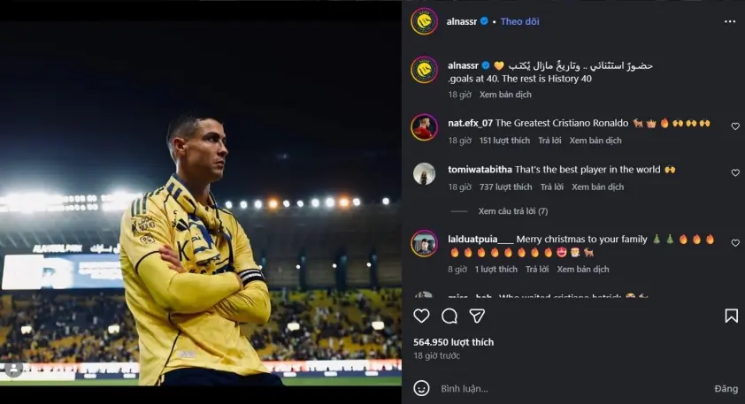 Ronaldo lập kỷ lục 14 năm, Al Nassr phản ứng mạnh mẽ
